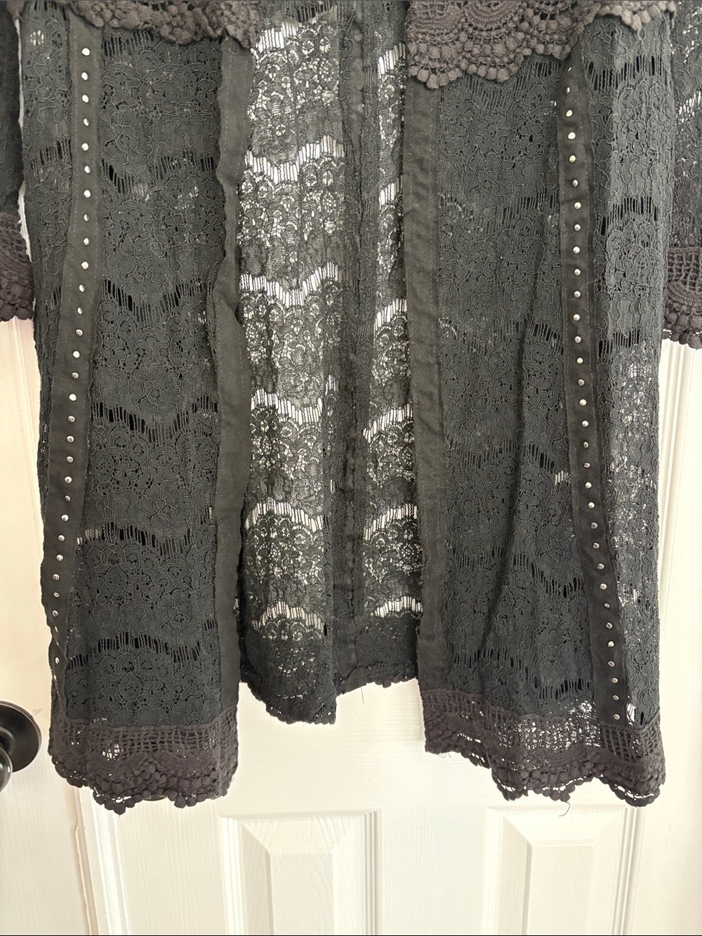 VOCAL Black Studded Lace Long Open Cardigan Duster Goth Women’s Size Large - Picture 6 of 10